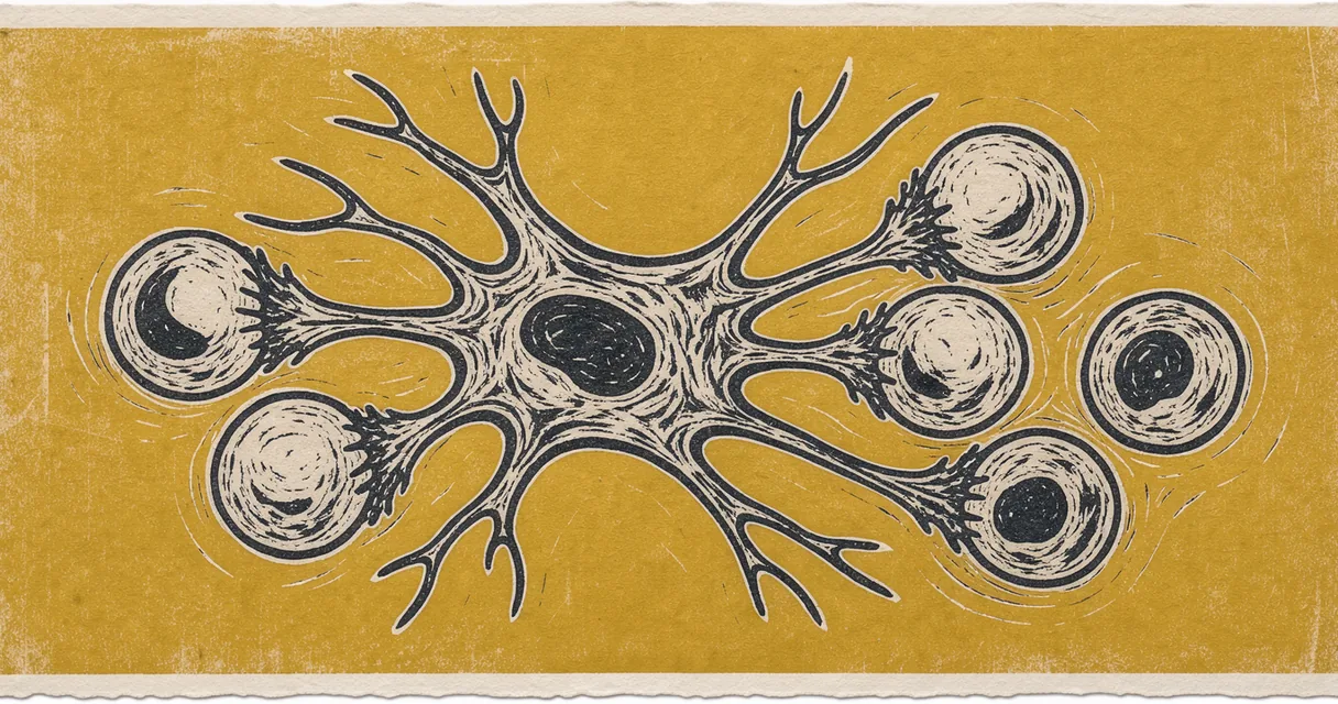 Linocut illustration of a branching dendritic cell touching round T cells