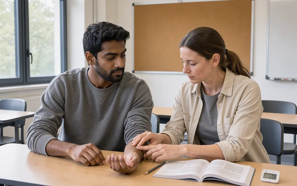 Two adults practising a wrist pulse check in a physiology teaching room