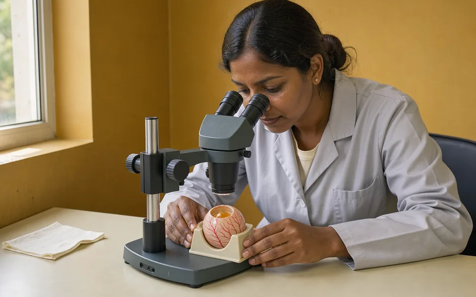 A laboratory technician examining a windowed chicken egg beneath a microscope